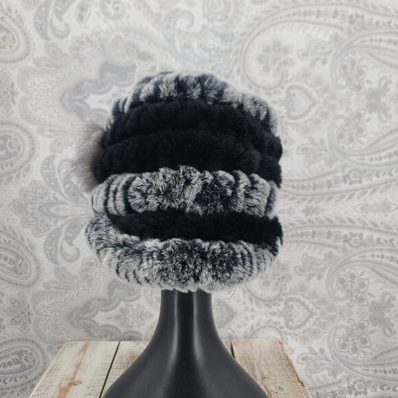 Russian Winter Rex Rabbit fur brimmed peaked hat black/gray Mob Wife Luxury main image 8
